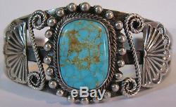 Striking Vintage Navajo Indian Applied Designs Silver Turquoise Cuff Bracelet