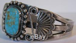 Striking Vintage Navajo Indian Applied Designs Silver Turquoise Cuff Bracelet
