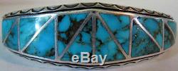 Striking Vintage Zuni Indian Silver Channel Set Turquoise Cuff Bracelet