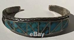 Striking Vintage Zuni Indian Silver Channel Set Turquoise Cuff Bracelet