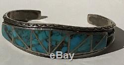 Striking Vintage Zuni Indian Silver Channel Set Turquoise Cuff Bracelet