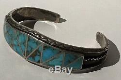 Striking Vintage Zuni Indian Silver Channel Set Turquoise Cuff Bracelet