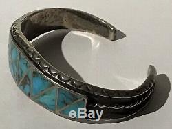 Striking Vintage Zuni Indian Silver Channel Set Turquoise Cuff Bracelet