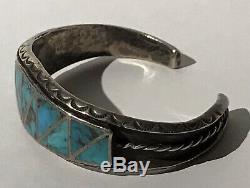 Striking Vintage Zuni Indian Silver Channel Set Turquoise Cuff Bracelet