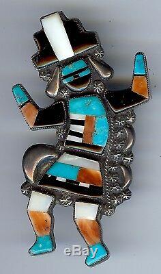 Striking Vintage Zuni Indian Silver Inlaid Coral Onyx Turquoise Rainbow Man Pin