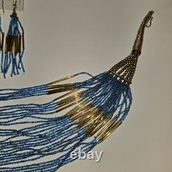 Stunning VINTAGE Native American Jewelry Gold Glass Beaded Necklace Earrings Set