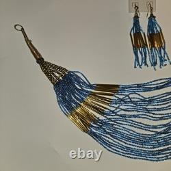 Stunning VINTAGE Native American Jewelry Gold Glass Beaded Necklace Earrings Set