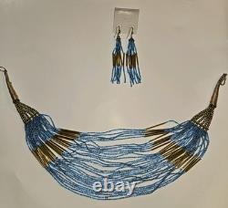 Stunning VINTAGE Native American Jewelry Gold Glass Beaded Necklace Earrings Set