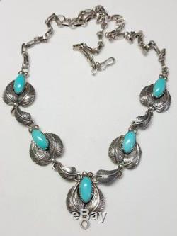 Stunning Vintage Navajo Signed Sterling Silver Turquoise Necklace