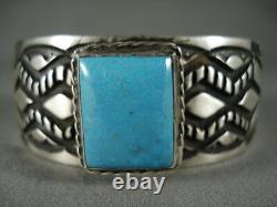 Stunning Vintage Navajo'squared Sleeping' Turquoise Silver Bracelet