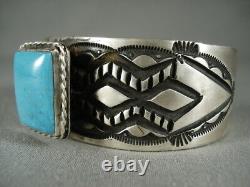 Stunning Vintage Navajo'squared Sleeping' Turquoise Silver Bracelet