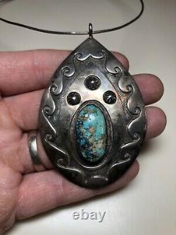 Stunning Vintage Turquoise Pendant Sterling Silver Signed Navajo Native Old Pawn