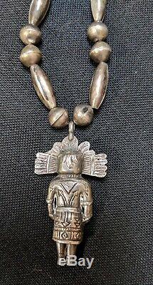 Superior Vintage Navajo Sterling Silver Kachina Bench Bead Necklace Old Pawn Nr