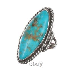 Sz10 Vintage Navajo silver long ring with turquoise twisted wire border
