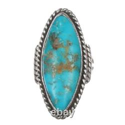 Sz10 Vintage Navajo silver long ring with turquoise twisted wire border