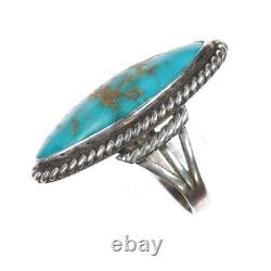 Sz10 Vintage Navajo silver long ring with turquoise twisted wire border