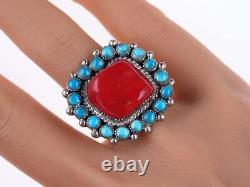 Sz8.25 Vintage Native American sterling turquoise and coral ring