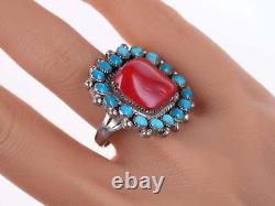 Sz8.25 Vintage Native American sterling turquoise and coral ring