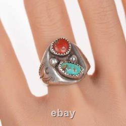 Sz9.75 Vintage Native American silver, turquoise, and coral ring