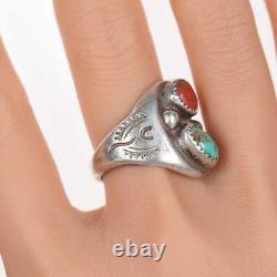 Sz9.75 Vintage Native American silver, turquoise, and coral ring