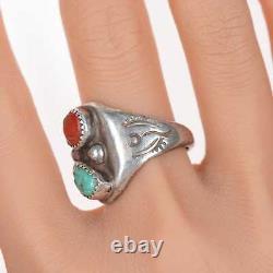 Sz9.75 Vintage Native American silver, turquoise, and coral ring