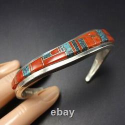 TOMMY JACKSON Vintage NAVAJO Sterling Silver CORAL TURQUOISE Inlay Cuff BRACELET
