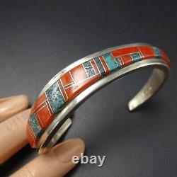 TOMMY JACKSON Vintage NAVAJO Sterling Silver CORAL TURQUOISE Inlay Cuff BRACELET