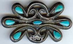 Terrific Vintage Navajo Indian Cast Silver Turquoise Pin Brooch