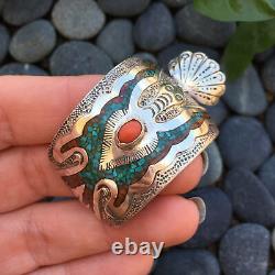 Thunderbird Turquoise and Coral Watch Cuff in Sterling Silver Vintage Jewelry