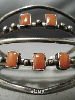 Towering Vintage Navajo Squared Coral Sterling Silver Bracelet Old