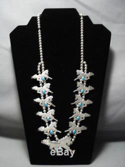 Unique Vintage Navajo Horse Turquoise Sterling Silver Squash Blossom Necklace