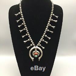 Unique! Vintage Turquoise, Coral & Sterling Silver Squash Blossom Necklace