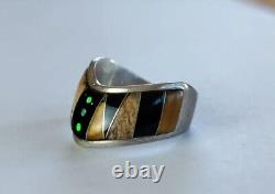 VINTAGE ML INLAY NATIVE AMERICAN STERLING SILVER 925 RING Opal Jet Stone SZ 6.5