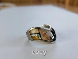 VINTAGE ML INLAY NATIVE AMERICAN STERLING SILVER 925 RING Opal Jet Stone SZ 6.5