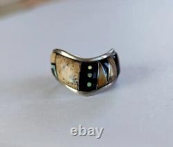 VINTAGE ML INLAY NATIVE AMERICAN STERLING SILVER 925 RING Opal Jet Stone SZ 6.5