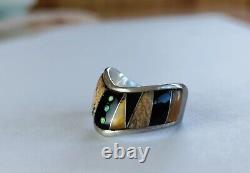 VINTAGE ML INLAY NATIVE AMERICAN STERLING SILVER 925 RING Opal Jet Stone SZ 6.5