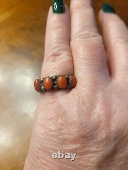 VINTAGE NATIVE AMERICAN STERLING SILVER CORAL RING DOMED Style