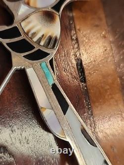 VINTAGE NATIVE AMERICAN ZUNI ROADRUNNER STERLING SILVER BIRD PIN BROOCH 3 Inlay