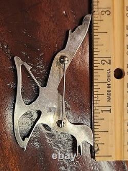 VINTAGE NATIVE AMERICAN ZUNI ROADRUNNER STERLING SILVER BIRD PIN BROOCH 3 Inlay
