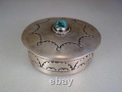 VINTAGE NAVAJO HAND STAMPED STERLING SILVER & TURQUOISE TRINKET BOX signed