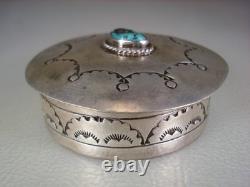VINTAGE NAVAJO HAND STAMPED STERLING SILVER & TURQUOISE TRINKET BOX signed