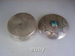 VINTAGE NAVAJO HAND STAMPED STERLING SILVER & TURQUOISE TRINKET BOX signed