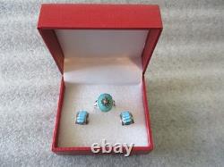 VINTAGE NAVAJO MARY DAYEA TURQUOISE STERLING SILVER RING + CUFF EARRINGS Sz 6.25