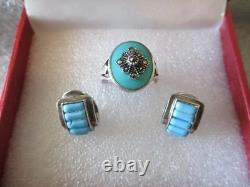 VINTAGE NAVAJO MARY DAYEA TURQUOISE STERLING SILVER RING + CUFF EARRINGS Sz 6.25