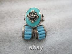 VINTAGE NAVAJO MARY DAYEA TURQUOISE STERLING SILVER RING + CUFF EARRINGS Sz 6.25