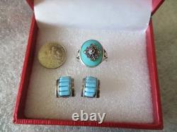 VINTAGE NAVAJO MARY DAYEA TURQUOISE STERLING SILVER RING + CUFF EARRINGS Sz 6.25