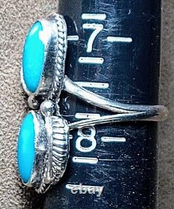 VINTAGE NAVAJO NATIVE AMERICAN STERLING SILVER & 2 FINE TURQUOISE RING sz 7.75