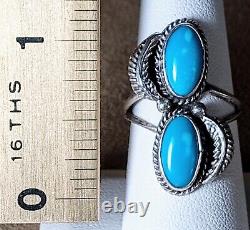 VINTAGE NAVAJO NATIVE AMERICAN STERLING SILVER & 2 FINE TURQUOISE RING sz 7.75