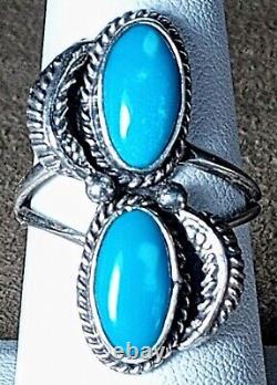 VINTAGE NAVAJO NATIVE AMERICAN STERLING SILVER & 2 FINE TURQUOISE RING sz 7.75