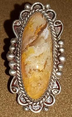 VINTAGE NAVAJO NATIVE AMERICAN STERLING SILVER FINE YELLOW LACE AGATE RING sz8.5